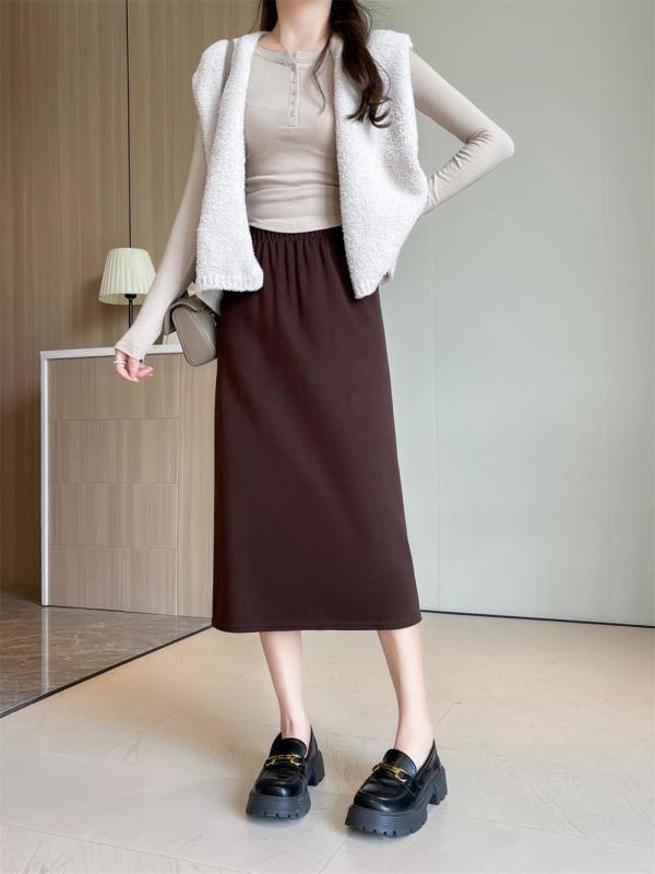 Coffee Women's Fashion Knitted Fall & Winter Mid-Length A-Line Slit Casual Skirt