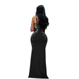 Black Straps Low Cut V Neck Diamonds Bodycon Women Evening Prom Formal Dress