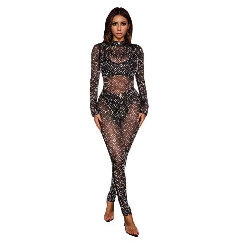 Black Long Sleeve Mesh See Through Diamonds Sexy Bodycon Party Birthday Jumpsuit