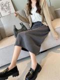 Gray Women's Fashion Knitted Fall & Winter Mid-Length A-Line Slit Casual Skirt