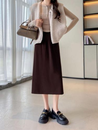 Coffee Women's Fashion Knitted Fall & Winter Mid-Length A-Line Slit Casual Skirt