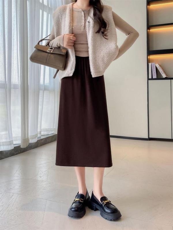 Coffee Women's Fashion Knitted Fall & Winter Mid-Length A-Line Slit Casual Skirt