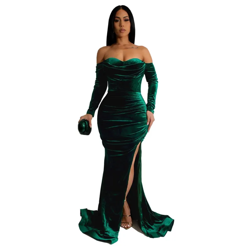 Green Off Shoulder Long Sleeve Velvet Solid Elegant Low Cut Prom Evening Dress