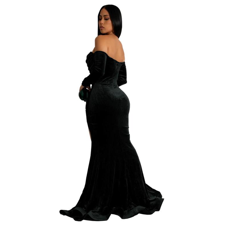 Black Off Shoulder Long Sleeve Velvet Solid Elegant Low Cut Prom Evening Dress
