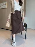 Khaki Women's Fashion Knitted Fall & Winter Mid-Length A-Line Slit Casual Skirt
