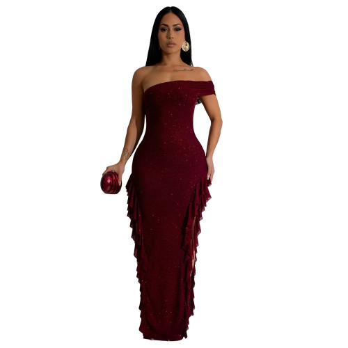 Claret Off Shoulder Strapless Mesh Sexy Ruffles Women Party Evening Dress