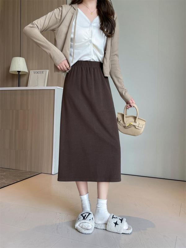 Khaki Women's Fashion Knitted Fall & Winter Mid-Length A-Line Slit Casual Skirt