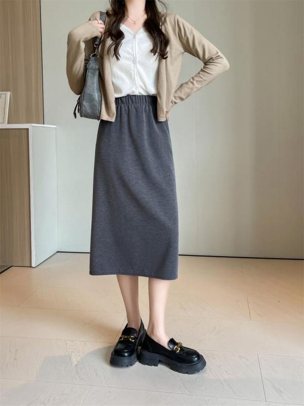 Gray Women's Fashion Knitted Fall & Winter Mid-Length A-Line Slit Casual Skirt