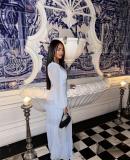 Light Blue Autumn and Winter Elegant Patchwork Long Sleeve V-Neck Dress for Women