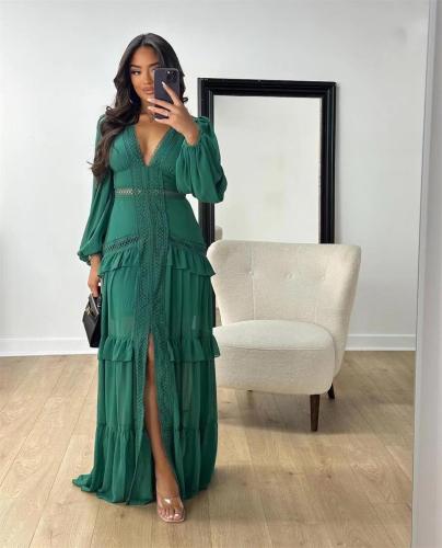 Dark Green Autumn and Winter Elegant Patchwork Long Sleeve V-Neck Dress for Women