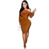 Brown Feminine Sexy Multicolored Velvet Bell Sleeve Off-the-Shoulder Dress