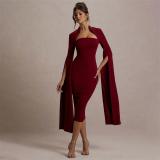 Red Long Sleeve Split Ribbon Bodycon Women Evening Prom Club Midi Dress