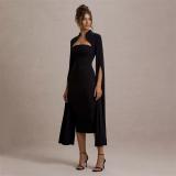 Black Long Sleeve Split Ribbon Bodycon Women Evening Prom Club Midi Dress