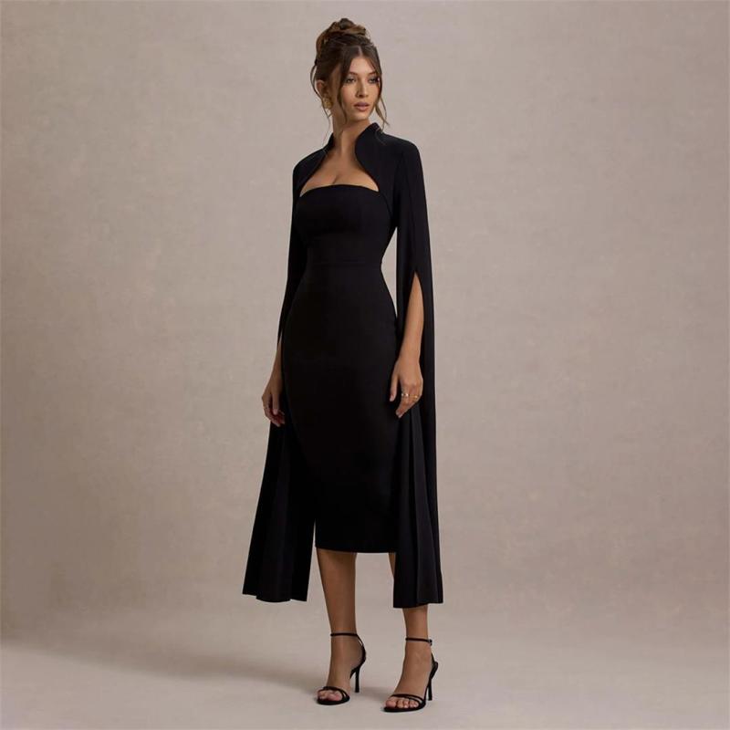 Black Long Sleeve Split Ribbon Bodycon Women Evening Prom Club Midi Dress