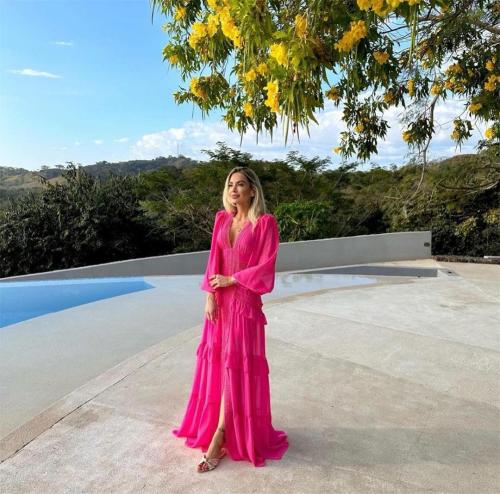 Rose Red Autumn and Winter Elegant Patchwork Long Sleeve V-Neck Dress for Women