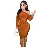Brown Feminine Sexy Multicolored Velvet Bell Sleeve Off-the-Shoulder Dress