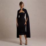 Black Long Sleeve Split Ribbon Bodycon Women Evening Prom Club Midi Dress