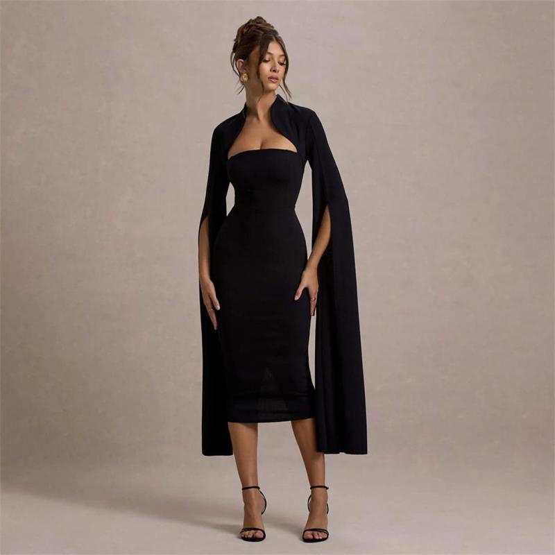 Black Long Sleeve Split Ribbon Bodycon Women Evening Prom Club Midi Dress