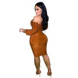 Brown Feminine Sexy Multicolored Velvet Bell Sleeve Off-the-Shoulder Dress