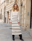 White Knitted Long Sleeve Hollow Out Fashion Women Ruffles Elegant Midi Dress