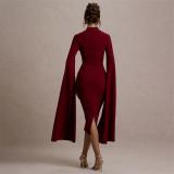 Red Long Sleeve Split Ribbon Bodycon Women Evening Prom Club Midi Dress