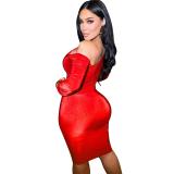 Red Feminine Sexy Multicolored Velvet Bell Sleeve Off-the-Shoulder Dress