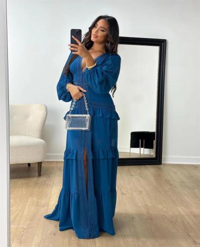 Royal Blue Autumn and Winter Elegant Patchwork Long Sleeve V-Neck Dress for Women