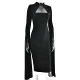 Black Long Sleeve Split Ribbon Bodycon Women Evening Prom Club Midi Dress