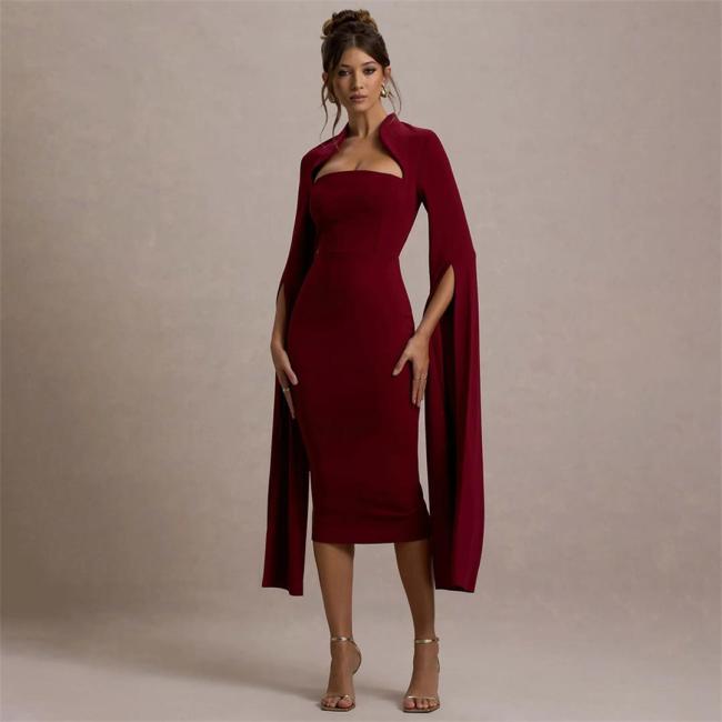 Red Long Sleeve Split Ribbon Bodycon Women Evening Prom Club Midi Dress