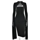 Black Long Sleeve Split Ribbon Bodycon Women Evening Prom Club Midi Dress