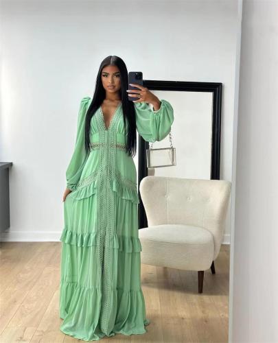 Light Green Autumn and Winter Elegant Patchwork Long Sleeve V-Neck Dress for Women