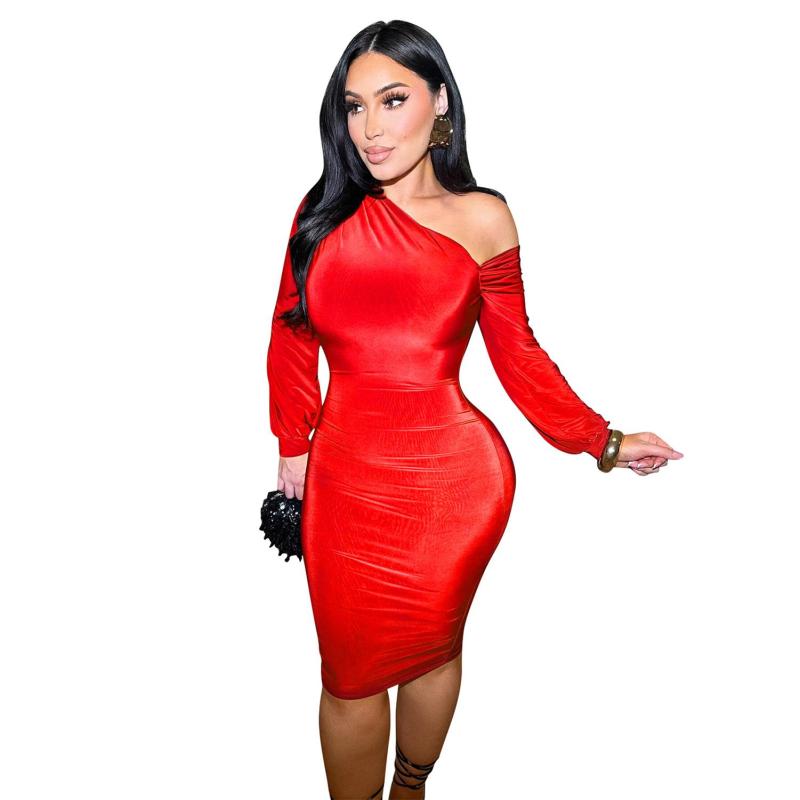 Red Feminine Sexy Multicolored Velvet Bell Sleeve Off-the-Shoulder Dress