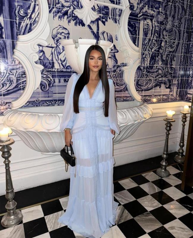 Light Blue Autumn and Winter Elegant Patchwork Long Sleeve V-Neck Dress for Women