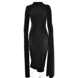 Black Long Sleeve Split Ribbon Bodycon Women Evening Prom Club Midi Dress