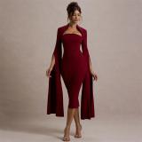 Red Long Sleeve Split Ribbon Bodycon Women Evening Prom Club Midi Dress