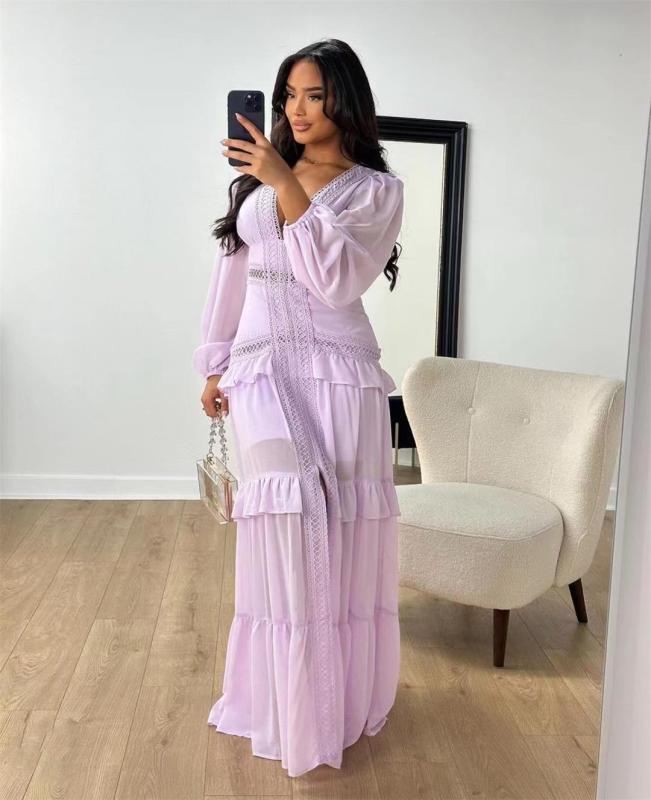 Light Purple Autumn and Winter Elegant Patchwork Long Sleeve V-Neck Dress for Women
