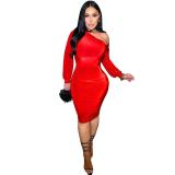 Red Feminine Sexy Multicolored Velvet Bell Sleeve Off-the-Shoulder Dress