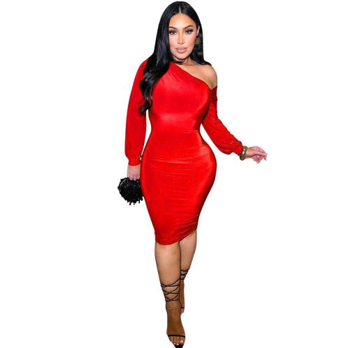 Red Feminine Sexy Multicolored Velvet Bell Sleeve Off-the-Shoulder Dress