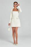 White Long Sleeve Boat Neck Diamonds Slim Fit Little Fragrance Style Dress