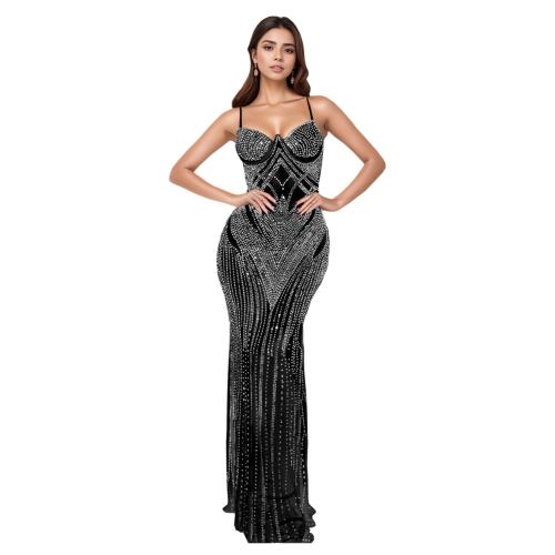 Black Straps Elegant Mesh See Through Diamonds Bodycon Prom Maxi Dress