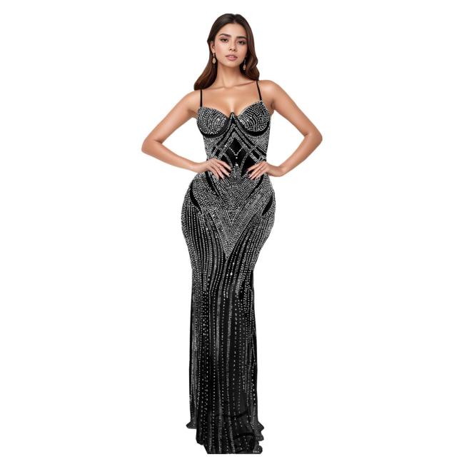 Black Straps Elegant Mesh See Through Diamonds Bodycon Prom Maxi Dress