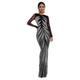 Black Mesh Elegant Rhinestones Luxury Women Evening Gowns Dress