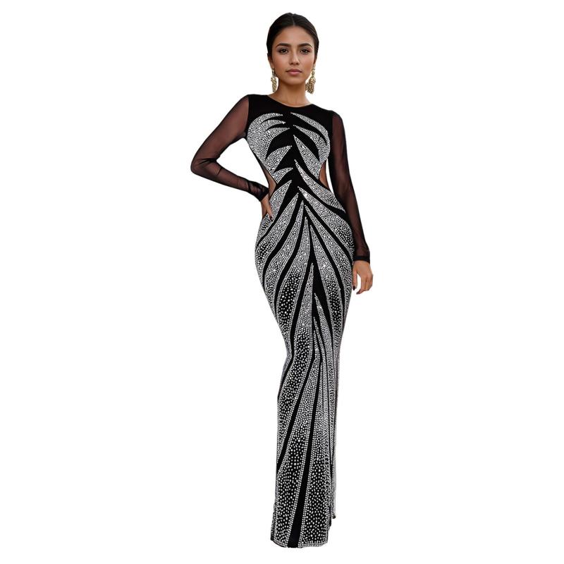 Black Mesh Elegant Rhinestones Luxury Women Evening Gowns Dress