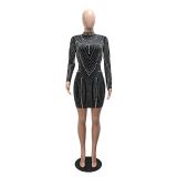 Black Long Sleeve Rhinestones Pearls Bodycon Mini Dress