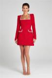 Red Long Sleeve Boat Neck Diamonds Slim Fit Little Fragrance Style Dress