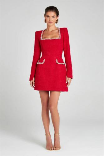 Red Long Sleeve Boat Neck Diamonds Slim Fit Little Fragrance Style Dress