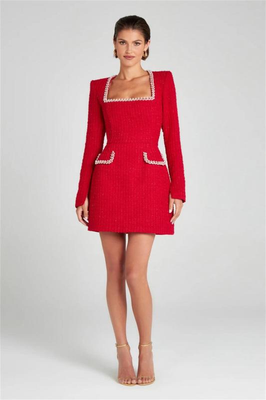Red Long Sleeve Boat Neck Diamonds Slim Fit Little Fragrance Style Dress