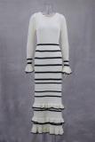 White Knitted Long Sleeve Hollow Out Fashion Women Ruffles Elegant Midi Dress