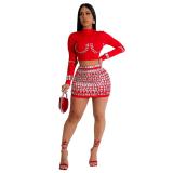 Red Two Pieces Long Sleeve Tops with Diamonds Bodycon Mini Dress