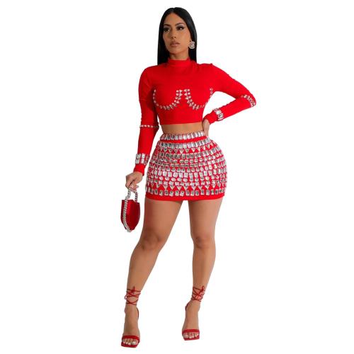 Red Two Pieces Long Sleeve Tops with Diamonds Bodycon Mini Dress